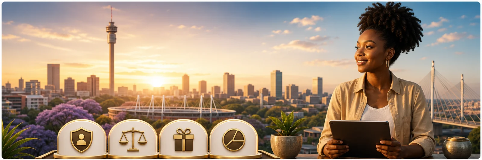South African entertainment guide scene with city skyline and responsible review icons